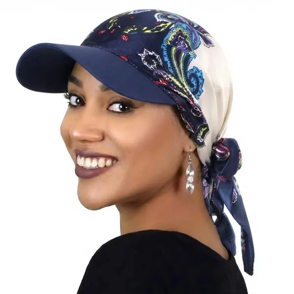 New Satin Paisley Print Hat Soft Breathable with Brim Headscarf Hat Strapped Design Baseball Cap Women Fashion