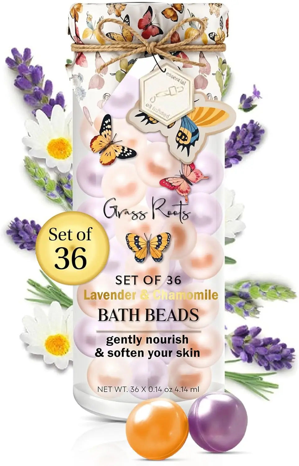 

Lavender Chamomile Bath Oil Beads Set of 36 - Essential Oil Soaked Pearls for Soft Skin & Relaxing Bath