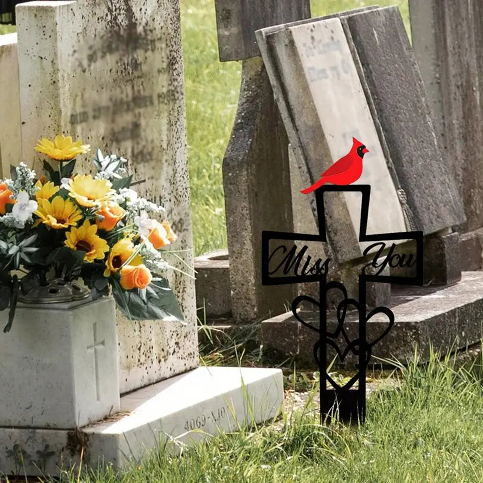 Metal Cardinal Graveyard Decorations 5.87x11.82in Red Bird Markers Cross Sign Weatherproof for Garden Outdoor Sympathy Gifts