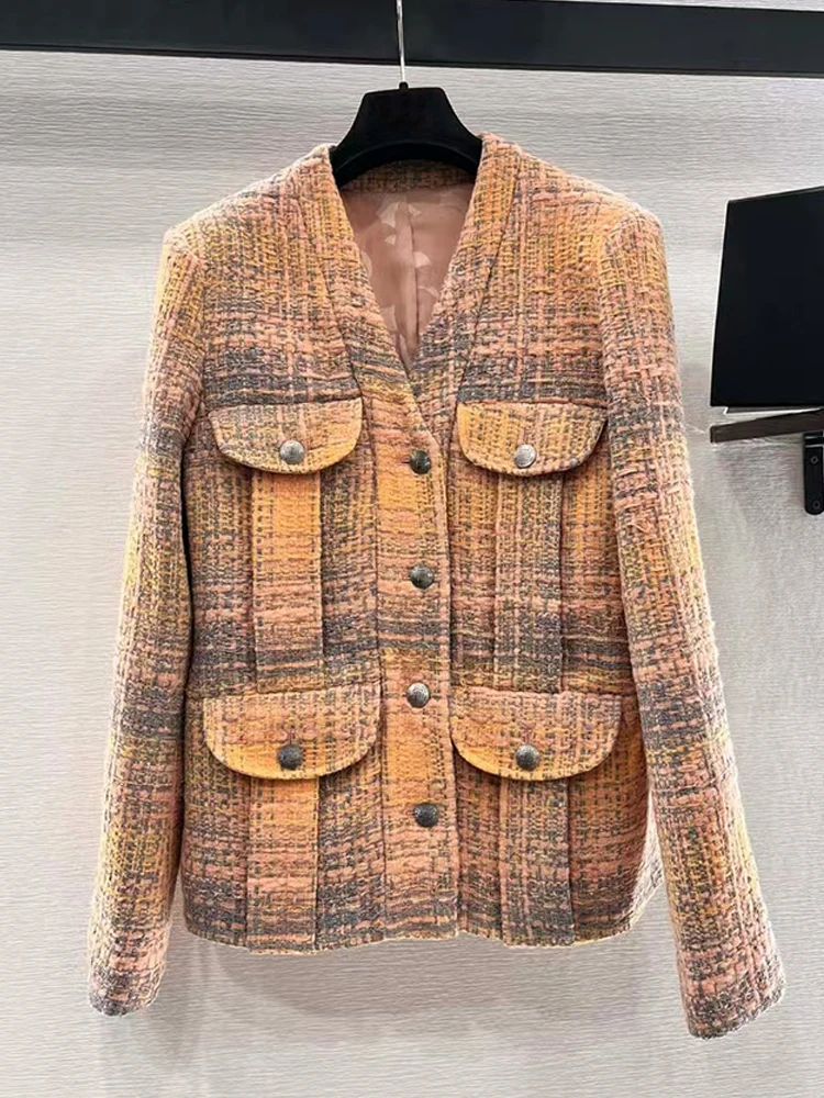 Designer's retro woven tweed V-neck button-pocket straight Jacket for Fall 2024 women's new fashion all-in-one jacket top