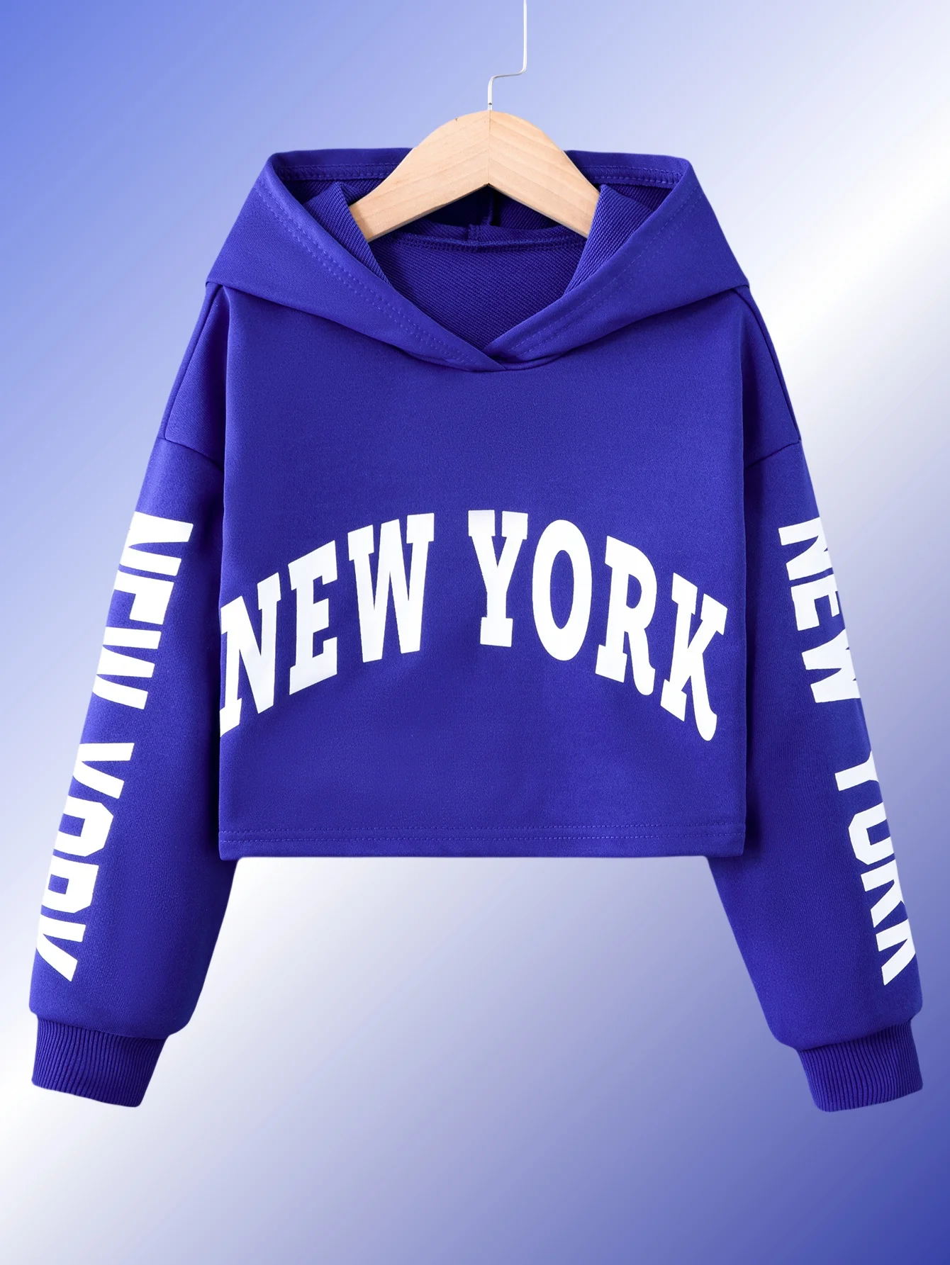 Spring and autumn children\'s hoodie fashion trend Loose hoodie simple letter print short comfortable everything casual blue top