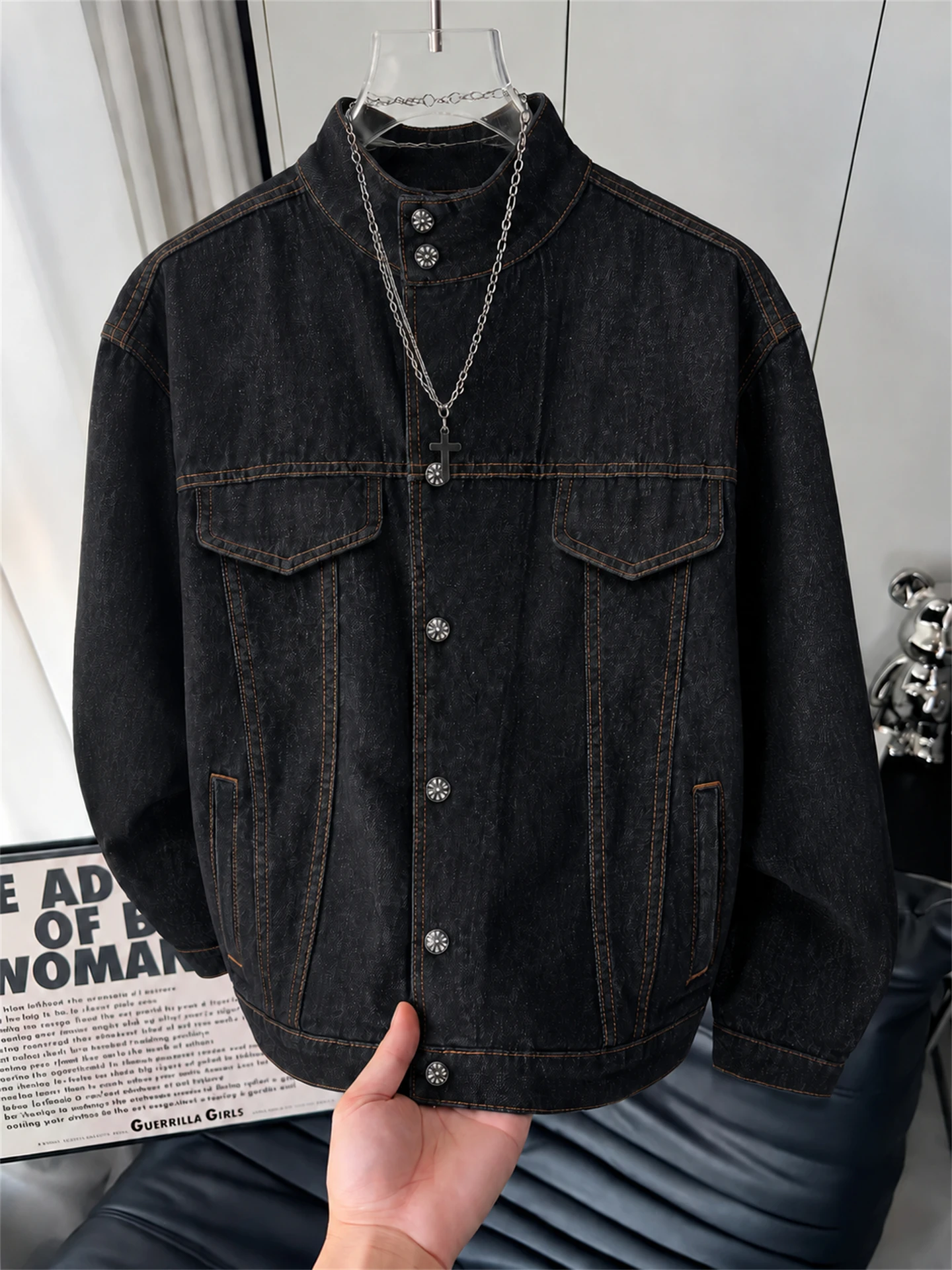 Retro Black Cow Button Stand Collar Denim Jacket Men's Loose Washed American Workwear Outerwear Spring Autumn Youth Fashion