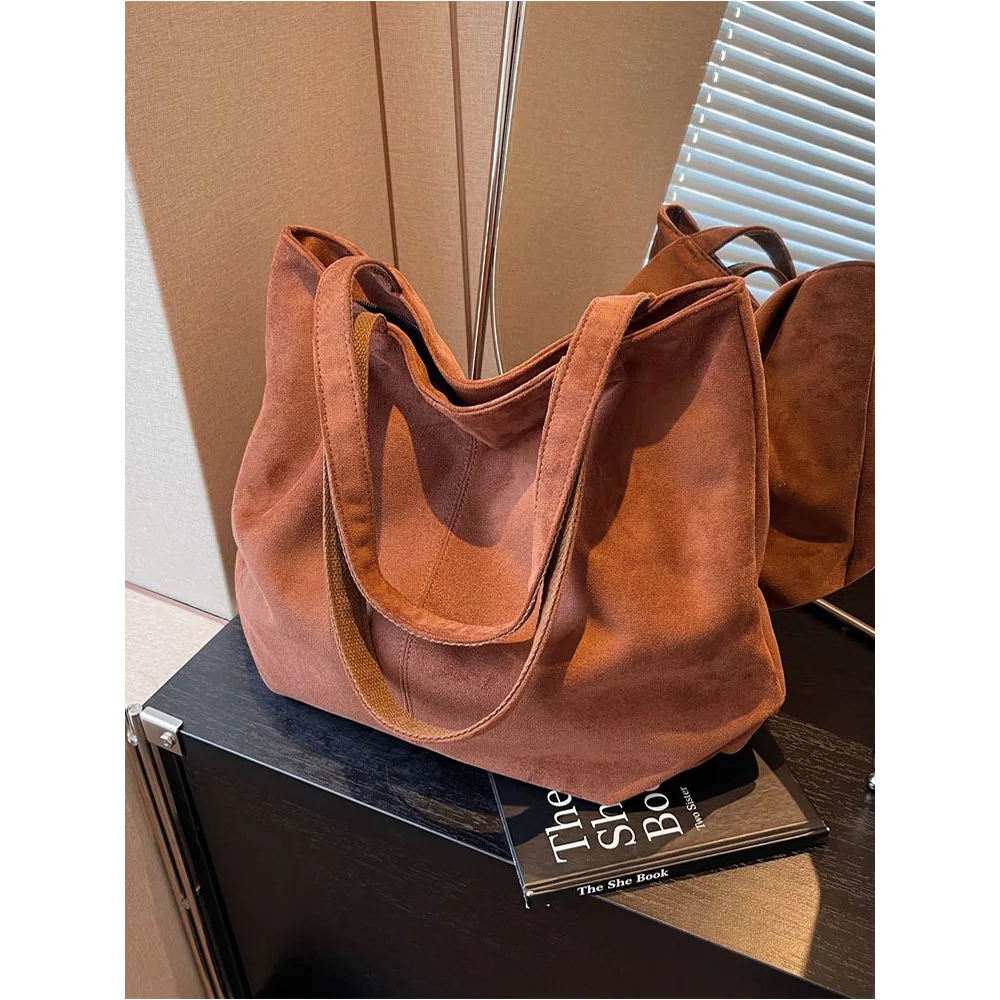 Korean Fashion Women Faux Suede Tote Bag Solid Large Capacity Female School Shoulder Bags Lady Casual Simple Commute Handbag