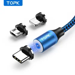 Cable de carga magnética 3 en 1 TOPK 360 rotación cable cargador de teléfono magnético con luz LED para cable micro USB tipo C