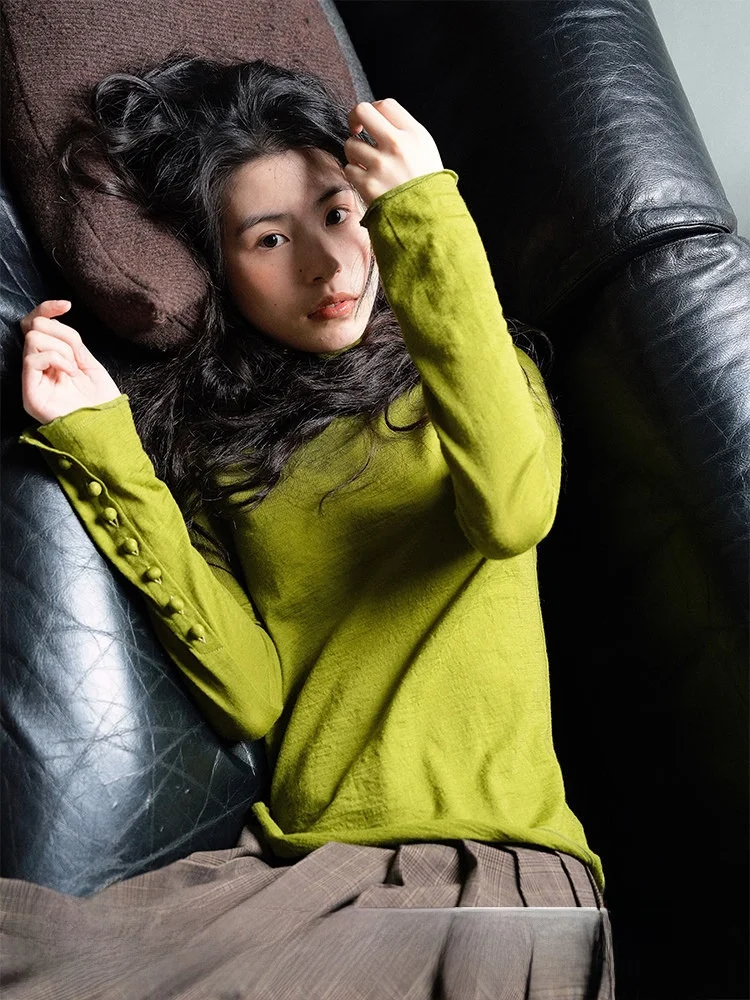 

Women's Long Sve Knitted Wool Base irt Autumn Winter Inner Wear Musoom Button Knitwear Comfortable Soft Fabric Top