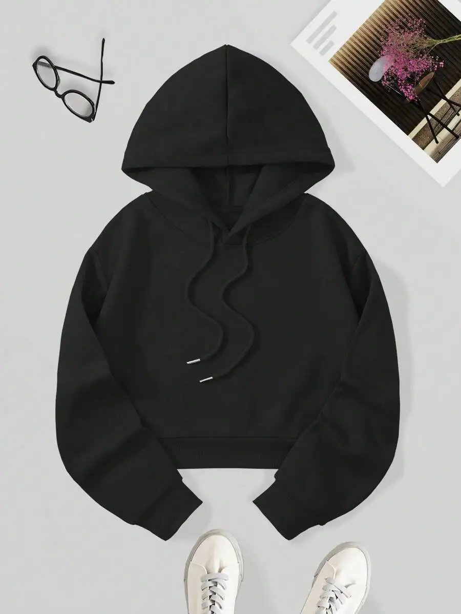 

Черная укороченная толстовка на шнуровке для женщин, пуловер с длинным рукавом, повседневный осенний наряд, для школы и выпускного