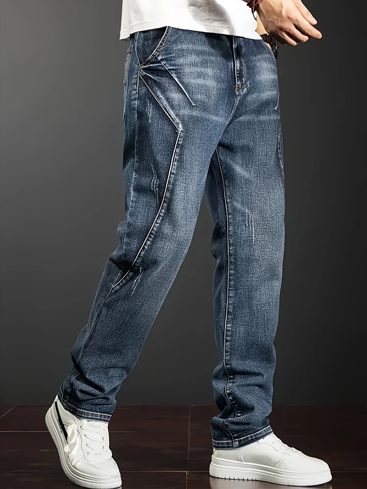 Men's New Straight Leg Stretchable Jeans Casual Pants with Personality Design Comfortable Fit Modern Style