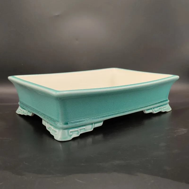 Rectangular glazed blue and white porcelain bonsai pot with Cloud shaped base