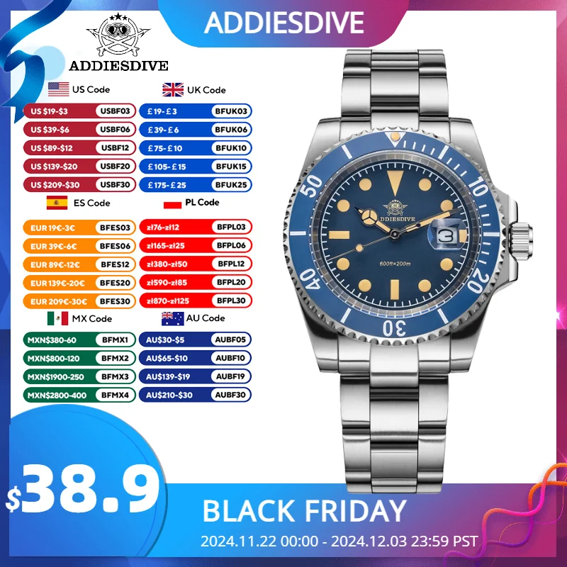 ADDIESDIVE New Men Watch Quartz Wristwatch 200m Waterproof Super C3 Luminous Blue Dial AR Coating Automatic Date Diving Watch