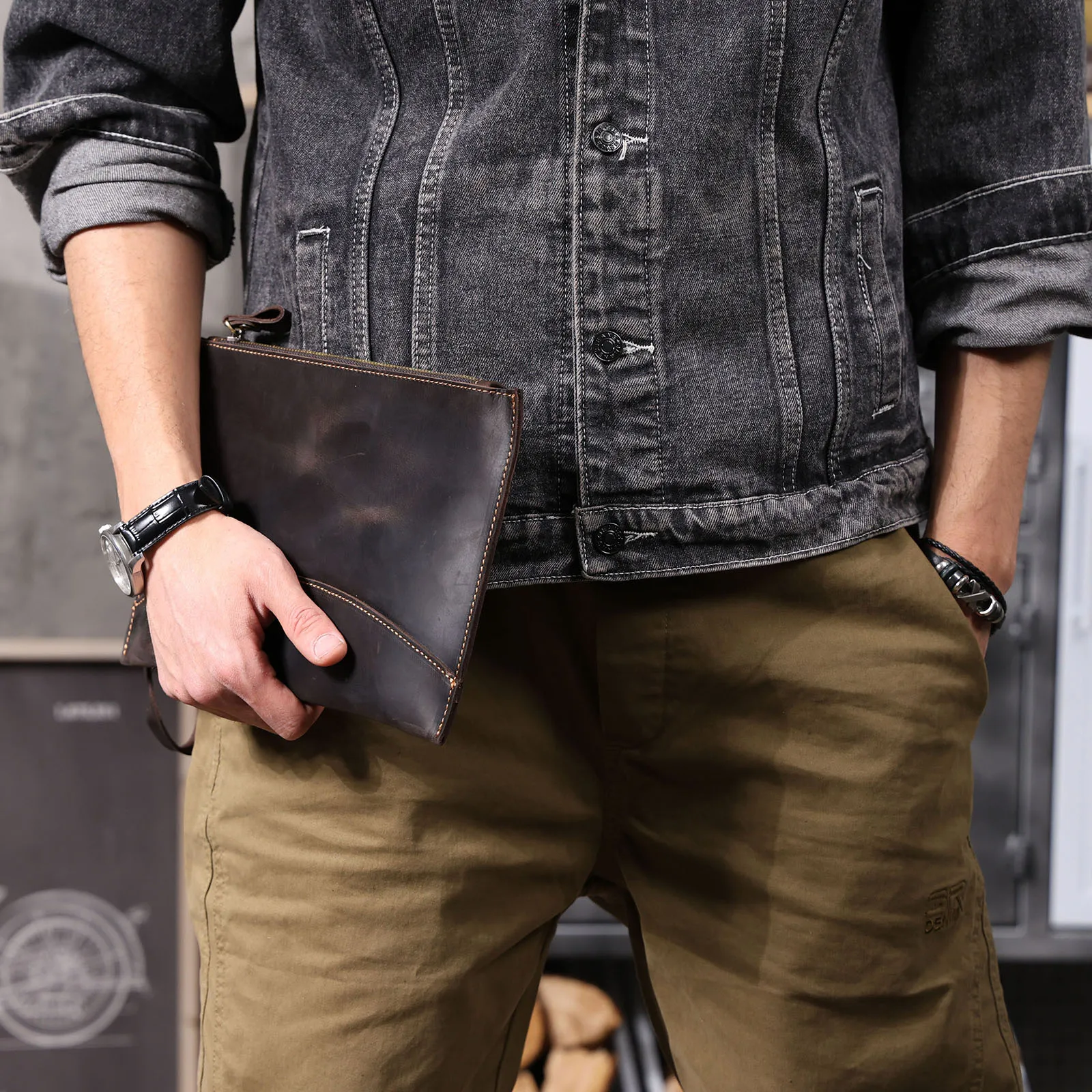 Vintage Echtleder Herren-Clutch-Tasche Lange Geldbörse für Männer Erstklassiges Leder Retro-Kartenhalter Handyhalter – Detail 5