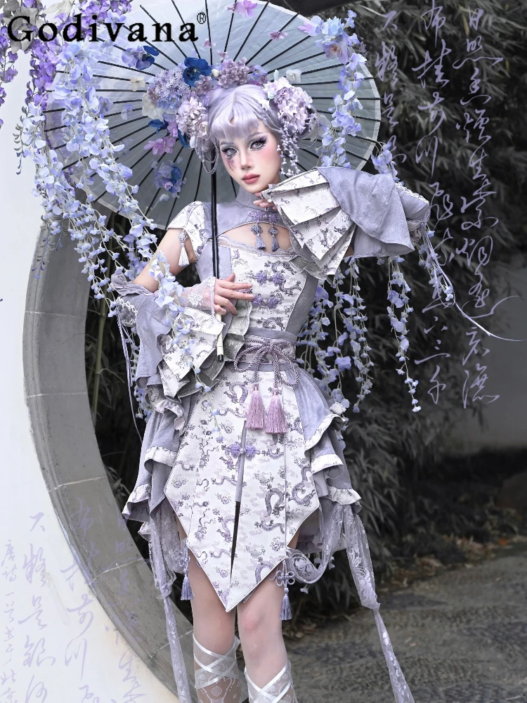 

Temperament Chinese Tassel Lace-up Ruffles Embroidered Irregular Skirts Girl Spring Summer Versatile Age-reducing Purple Skirt