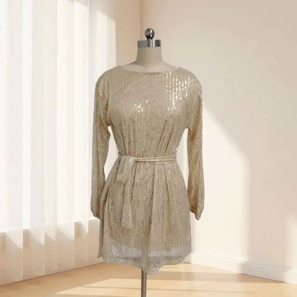 Fashion New Women's Holiday Party Cocktail Party Sparkling Beaded Dress With Belt Temperament Elegant Sequined Evening Dresses