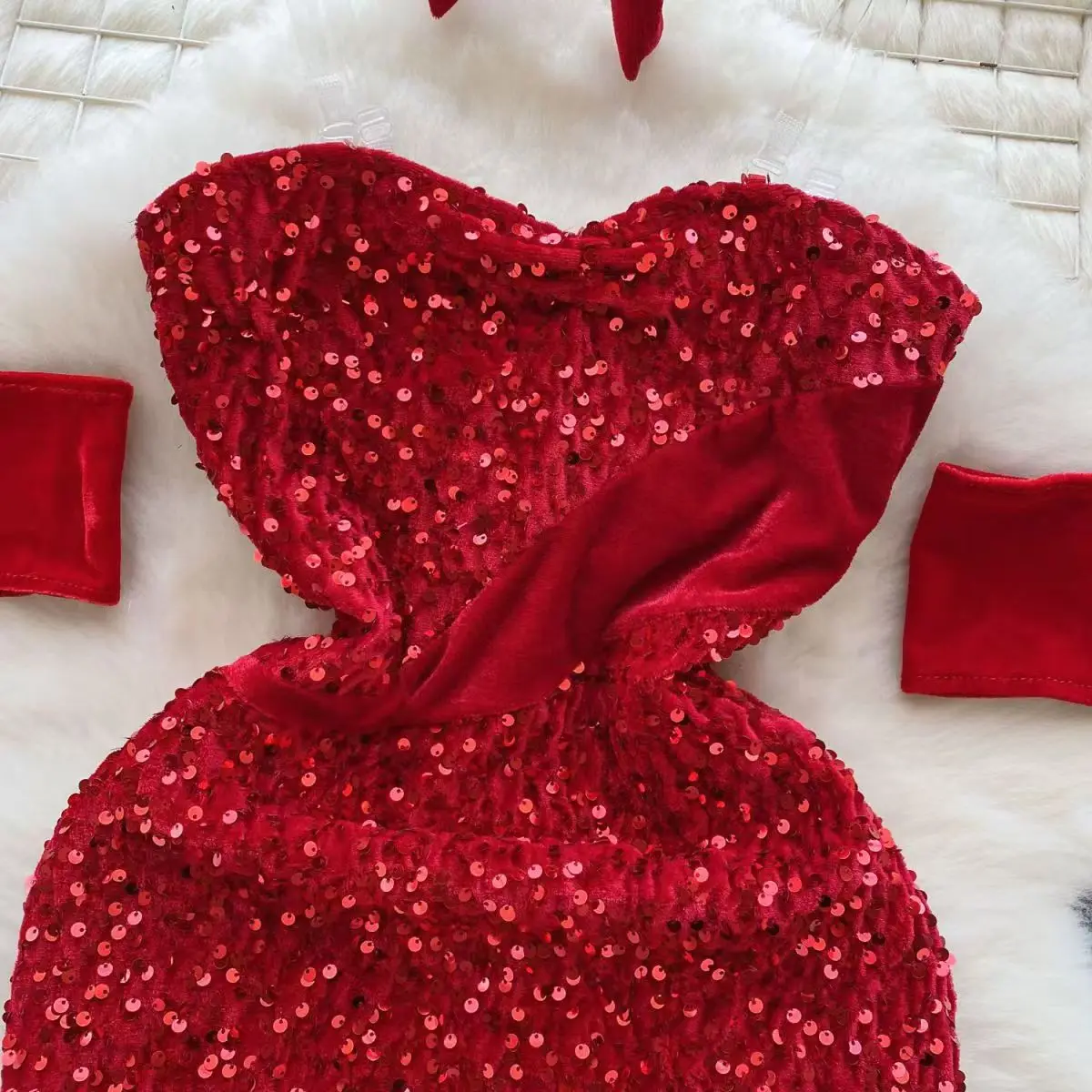 Hotsweet Mini-Kleid Neues Rotes Sexy Kurzes Kleid für Club-Partys Pailletten-Bodycon-Kleid Schlankes Retro-Hasenkleid – Detail 4