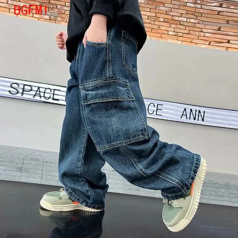 Teens Boys Blue Jeans Autumn American Trousers 2026 New Trendy Brand Children's Straight-leg Pants Loose Casual Jeans 3-12Y