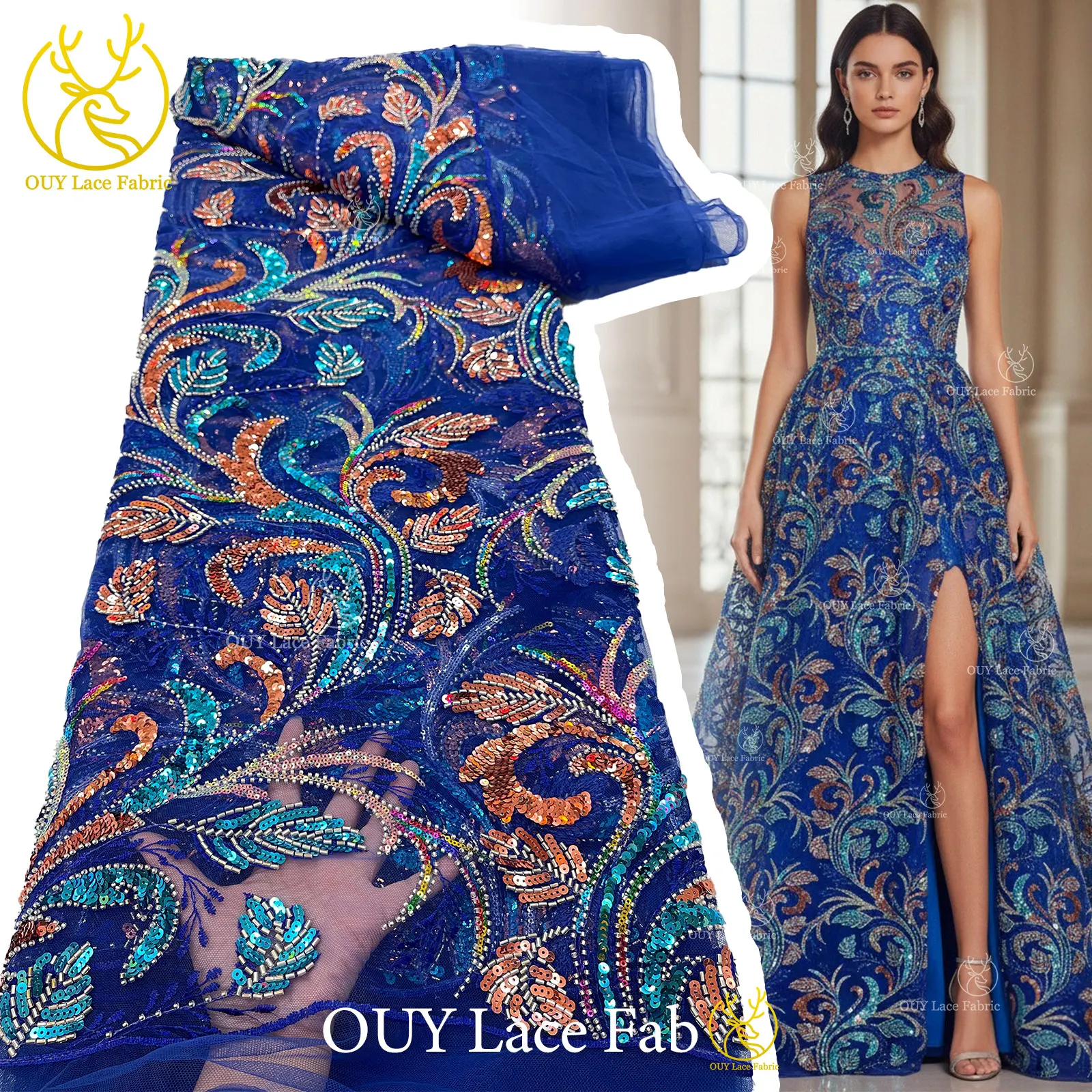 

Royal Blue Gorgeous African Beaded Sequins Lace Fabric 2026 Luxury French Tulle Mesh Nigerian For Bridal Party Dress Sewing