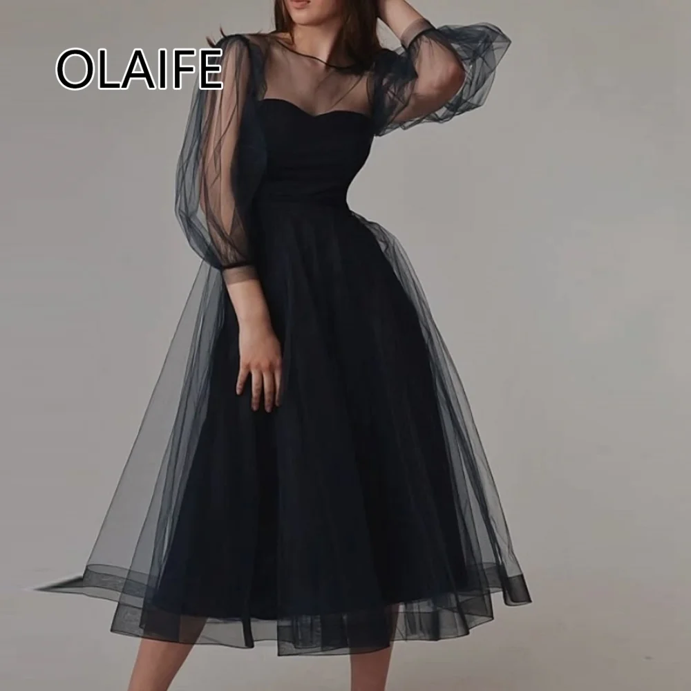 

Modest O-neck Chiffon Formal Evening Dress A-line Tea-Length Backelss Evening Gown for Women with Long Sleeve Customized
