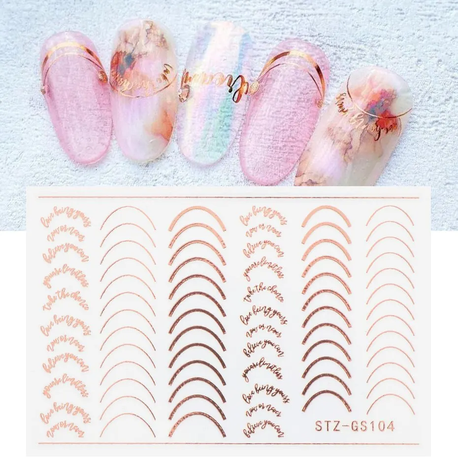 6Pcs 3D Dải Băng Dòng Dán Móng Tay Rose Gold Kim Loại Chữ Đề can Cong Dải Móng Tay Nghệ Thuật Thanh Trượt Làm Móng Tay Decors
