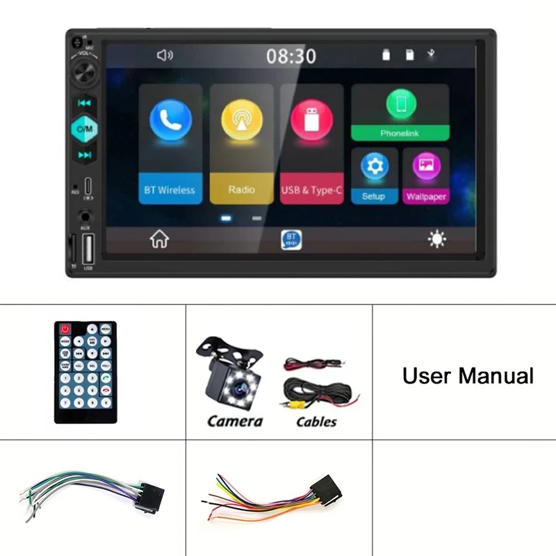ستيريو سيارة بشاشة لمس 7 بوصة مع كاميرا احتياطية، مدخل سماعة رأس 2 Din، مشغل وسائط متعددة مع وظائف Type-C/FM/USB/AUX SD