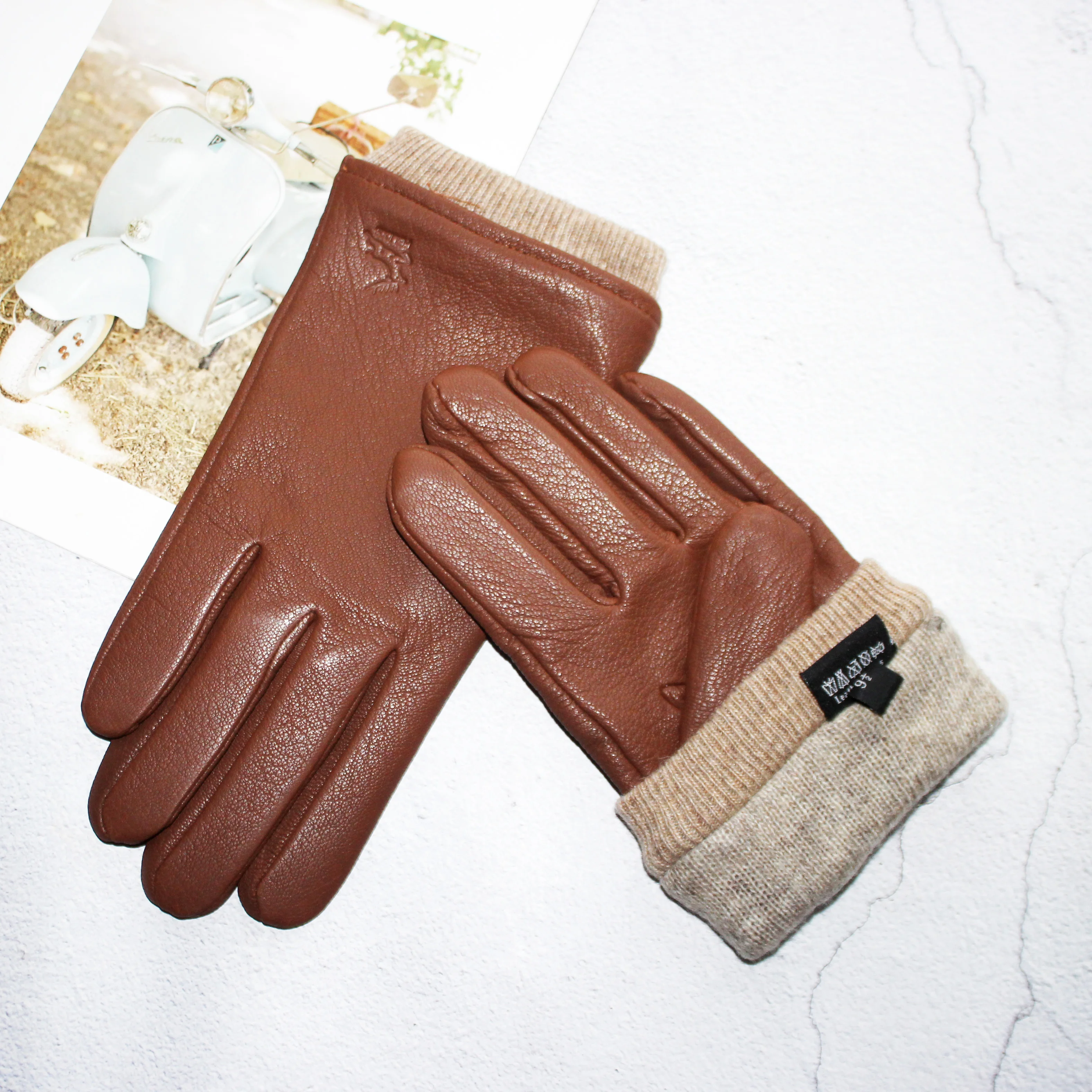 Outdoor Cold proof Men\'s Motorcycle Riding Deer Skin Gloves Fashion New Wool Lined Leather Winter Warm Driving