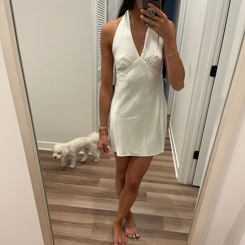 女性ホルターミニドレスシルクサテンローカットカウルネックタイアップボウショートドレス Y2k かわいい花ボディコンオープンバック脱衣