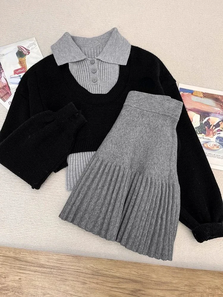 Woman Harajuku Knitted 3 Piece Set Spicy Girls Slim Vest + Black Short Tops + Y2k E-girls Mini Skirt Korean Fashion Suit Chic