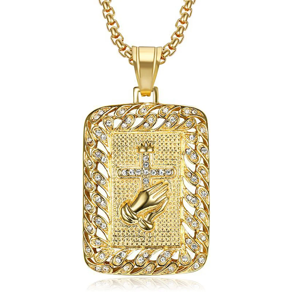 

Hip Hop Iced Out Praying Hands Cross Pendant Gold Color Stainless Steel Christian Necklace for Women Men Religious Jewelry Gift