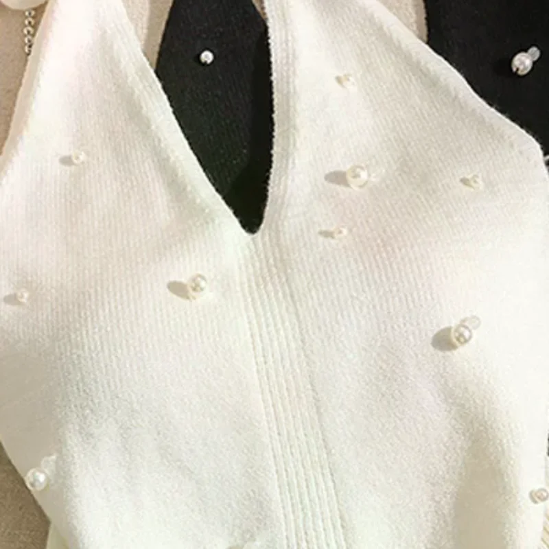1pc Fashion French Beaded Halter Neck Tie Knot Backless Knitted Vest For Women