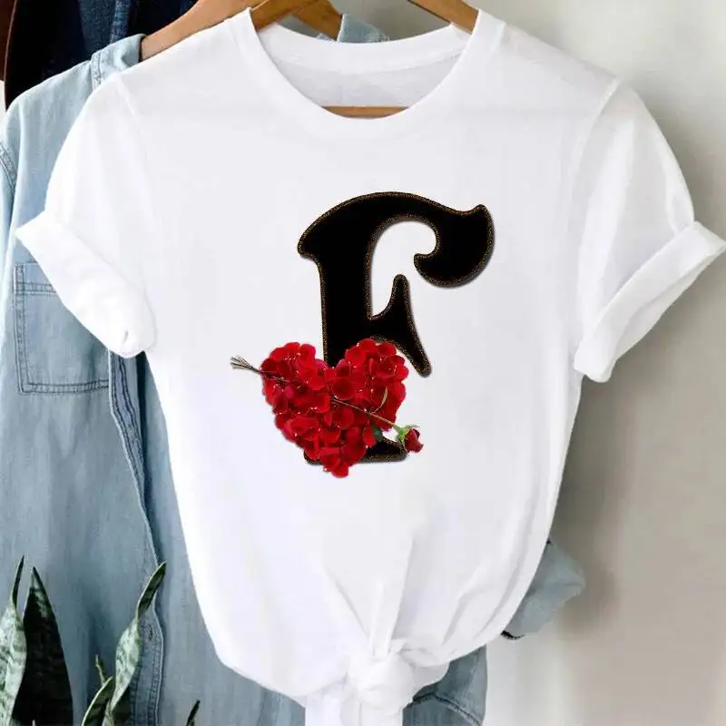 เสื้อยืดผู้หญิง รุ่น T 2021 ทรงโอเวอร์ไซส์ แฟชั่นสนุกๆ สไตล์เรโทร ลายตัวอักษรและดอกกุหลาบ คอกลม สีขาว เสื้อยืดผู้หญิง ไซส์ใหญ่พิเศษ XXXL