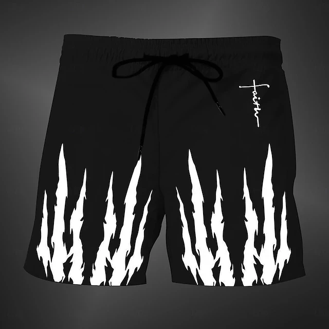 Dark Punk Style Skull Print Casual Shorts Men Faith Letter Drawstring Waist Loose Streetwear Rock Fashion Daily Bottoms Shorts