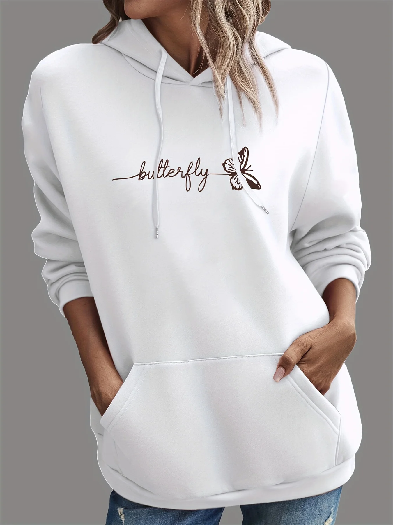 Women's autumn and winter loose casual butterfly letter pattern printed velvet long sleeved hoodie hooded sweatshirt