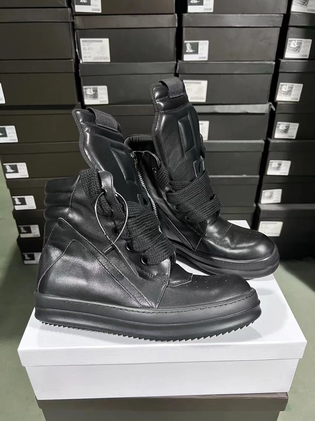 Ricks Genious Black Leather Jumbo Lace High Top Geobasket Owens Quality Men Shoe Women Sneaker Casual Owens Design boots & Shoes