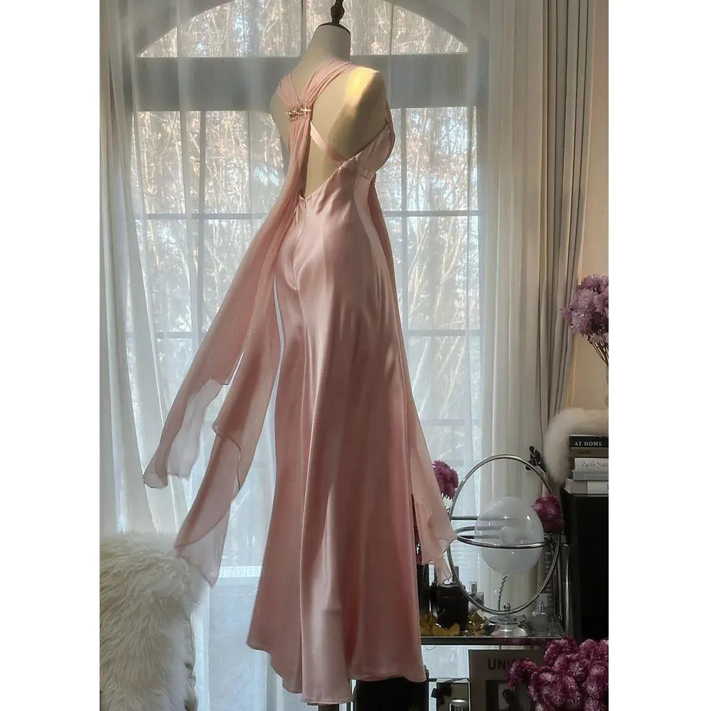 Modern Pink Evening Dresses V Neck Sleeveless Prom Pretty Demorcation High Quality Floor Length Female Gowns Simple Elegant