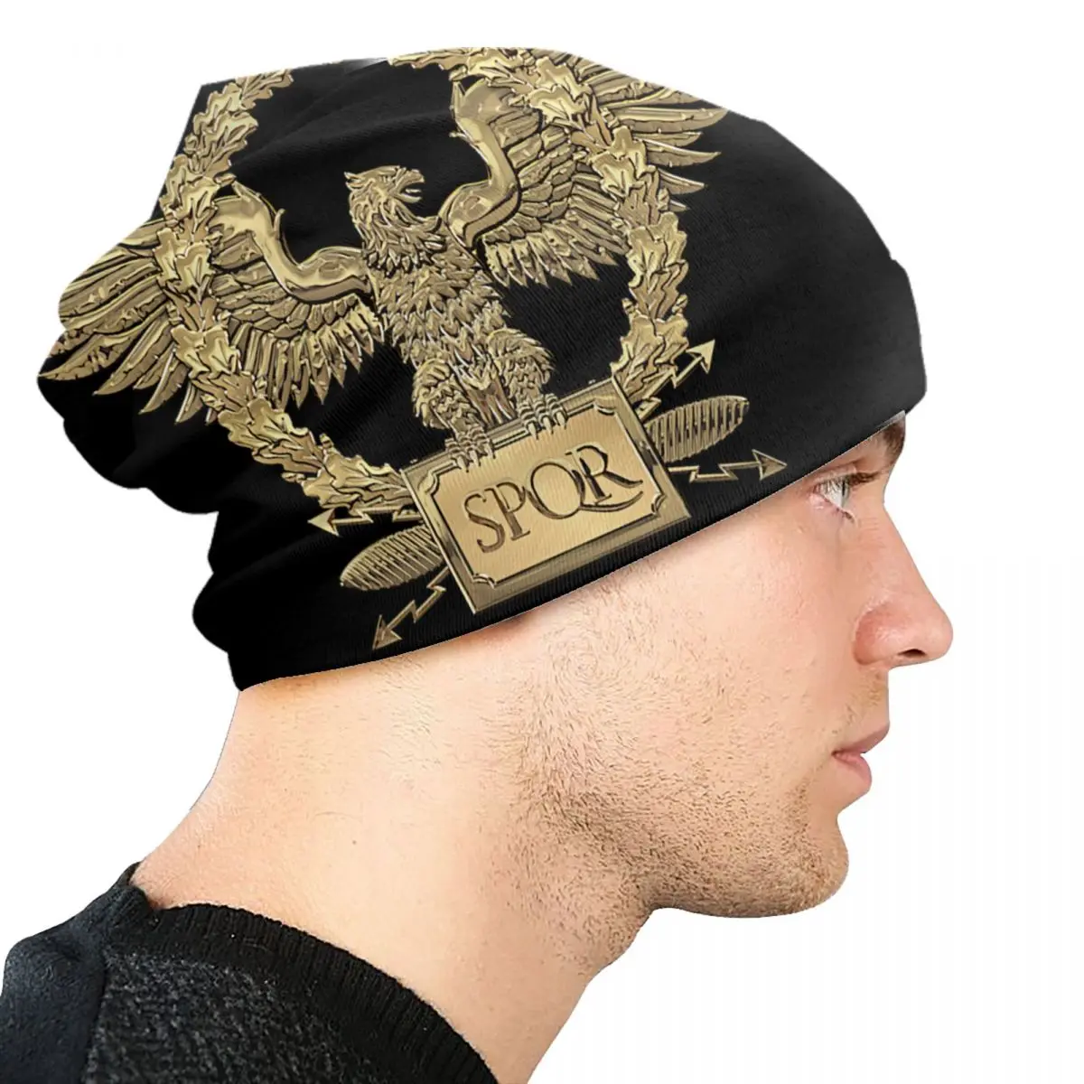 Gold SPQR Roman Imperial Eagle Bonnet Hat Knit Hats Men Women Cool Unisex Winter Warm Beanies Cap