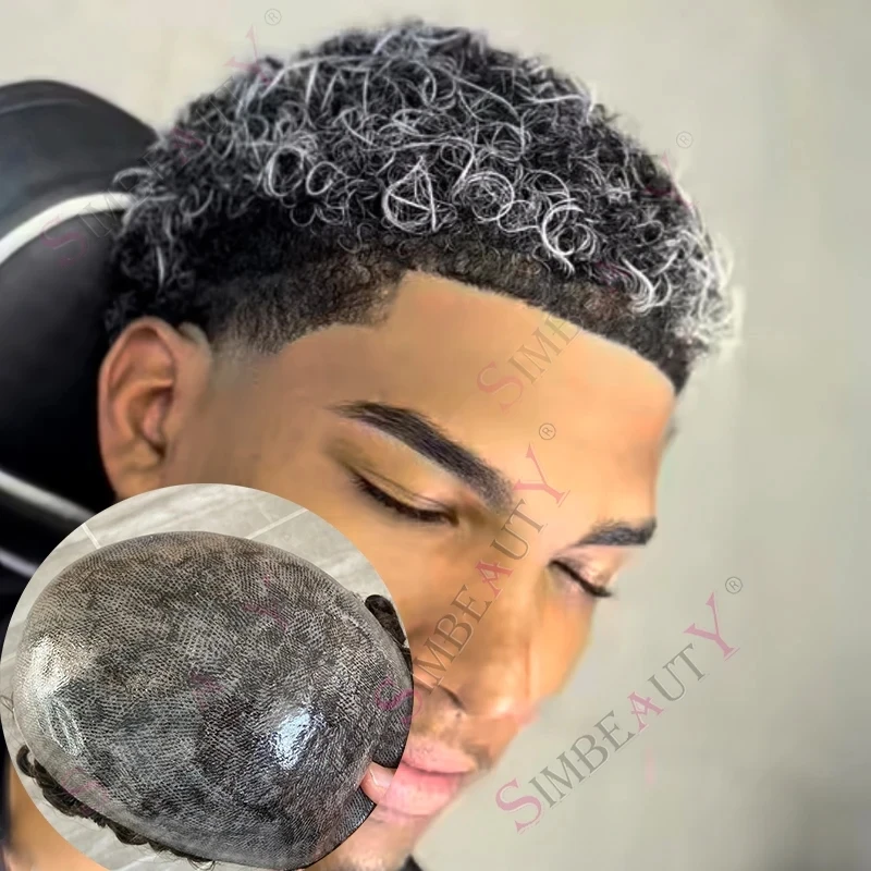 

15mm/12mm Curly Options Human Hair Wigs for Men 0.1mm Thin Skin Male Toupee Full PU Man's Wigs Capillary Prosthesis Grey Black
