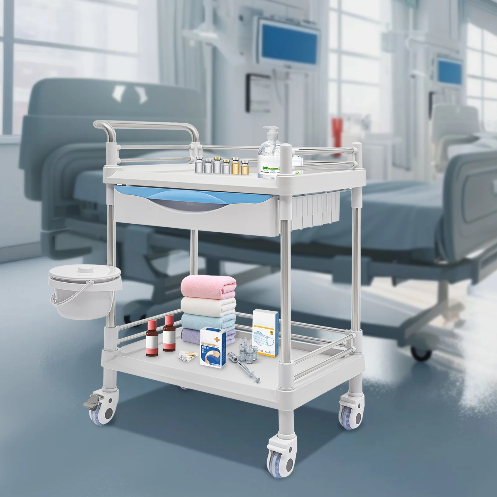 Carrinho utilitário médico de aço inoxidável prateado, carrinho de salão de beleza independente com rodas 65*44*90cm para salões, ocasiões