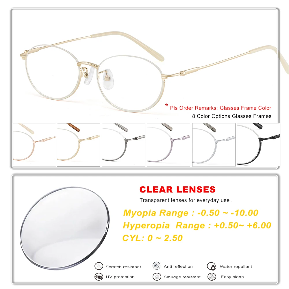 

Elliptic Half Frame Women Glasses Myopic Hyperopia Lenses Distance Single Vision Prescription Optical Clearly Eyewear Metal