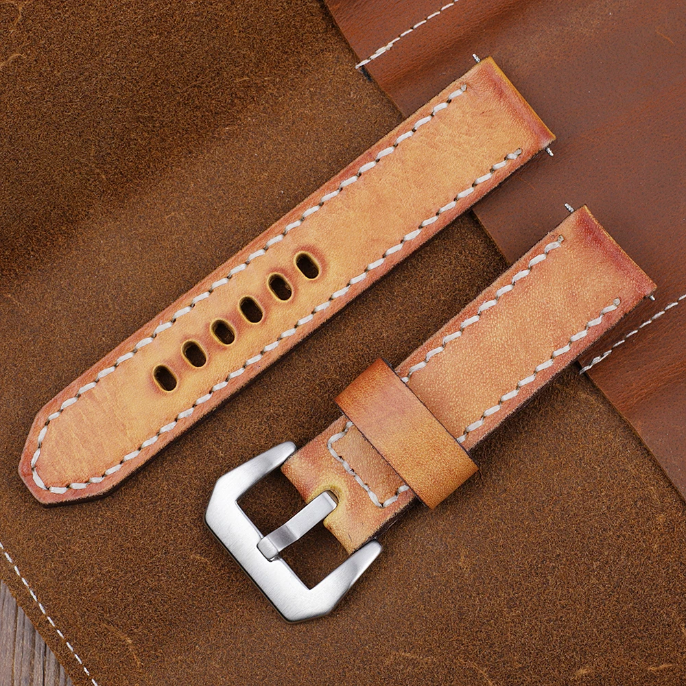 Onthelevel Genuine Leather Watchbands Yellow Watch Band Strap for Panerai Belt Stainless Steel Polished Buckle 18 20 22 24mm