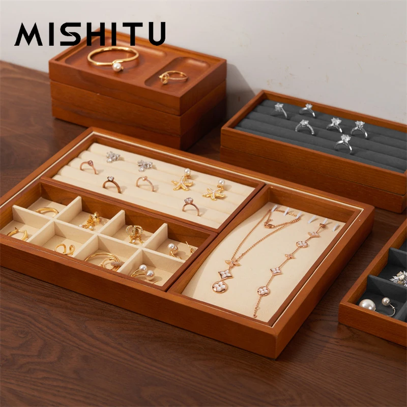 

MISHITU Wooden Jewelry Organizer for Ring Necklace Jewelry Display Tray Jewelry Holder Multi-Purpose 35*24*3CM