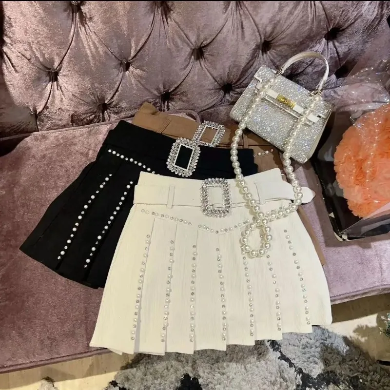 Summer Y2K Harajuku Rhinestone Buckle Mini Skirt Women Swwet Slim High Waist Pleated A-line Skirt Elegant Fashion Party Skirt