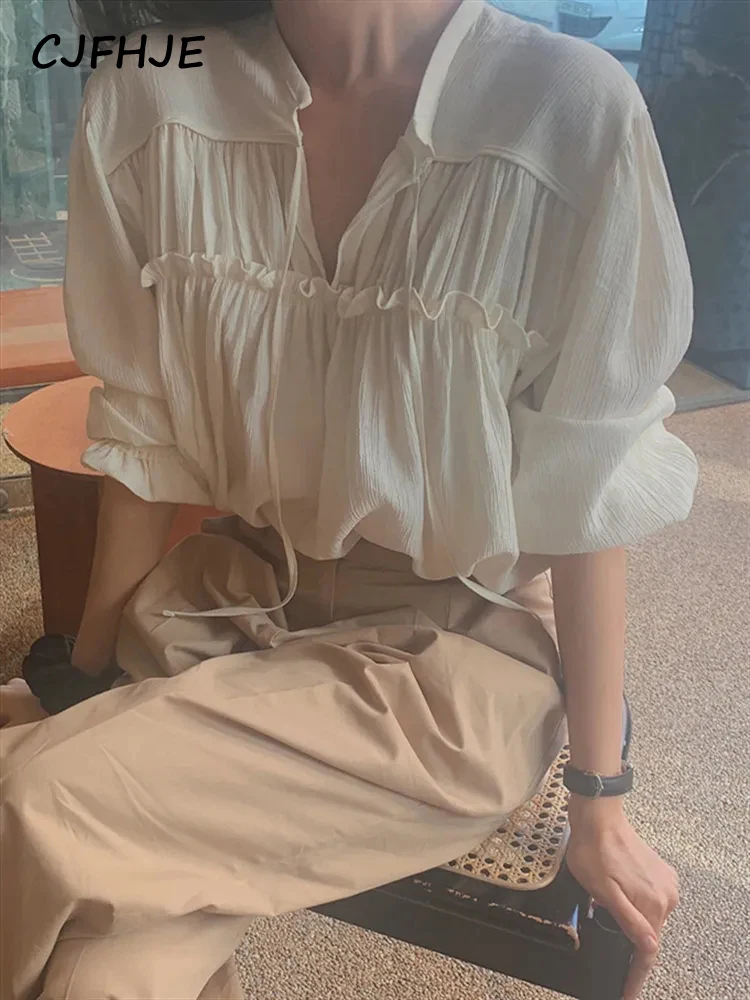 

CJFHJE Блузка женская с V-образным вырезом, модная повседневная элегантная винтажная хлопковая свободная Классическая рубашка в стиле оверсайз, в Корейском стиле, с длинным рукавом, лето