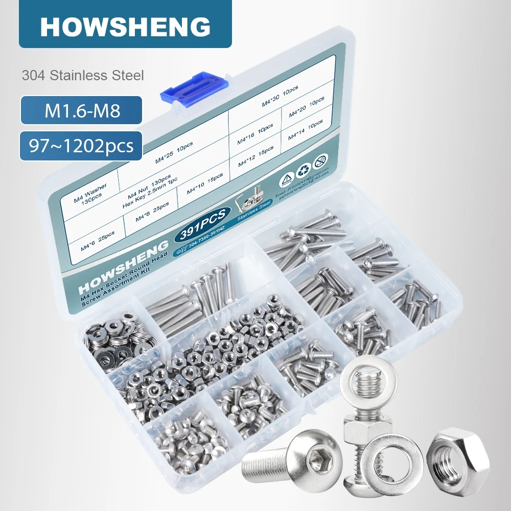 M1.6 M2 M2.5 M3 M4 M5 M6 M8 Juego de tornillos y tuercas de cabeza de botón hexagonal Tornillo redondo Allen de acero inoxidable 304 con kit de arandela