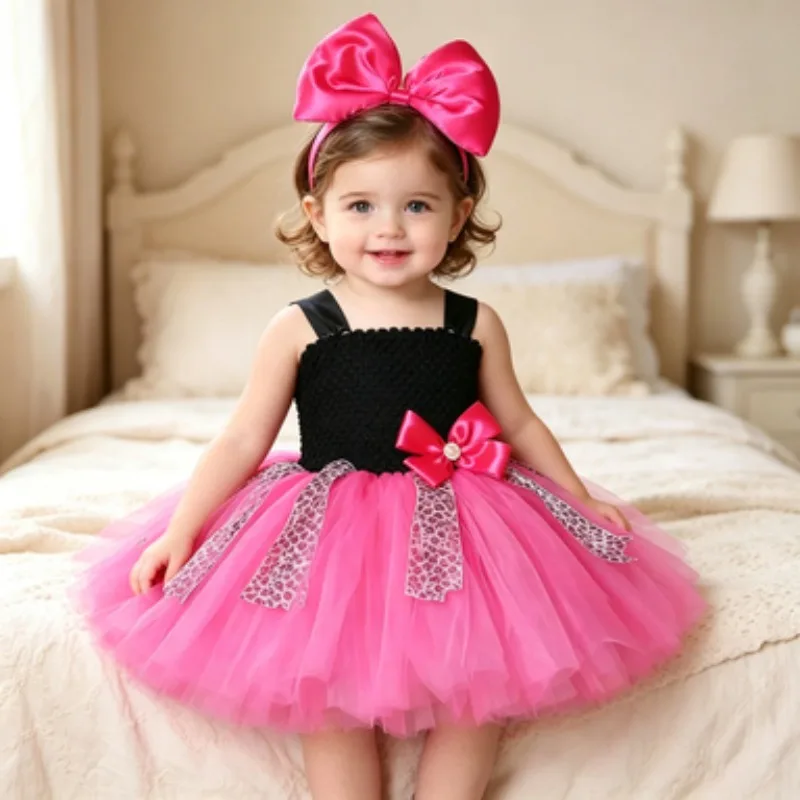

Cute Fluffy Dress Set for Girls in Black and Pink, Exquisite Bow Decoration,Kids Outfit for Festivals, Gatherings and Daily Wear