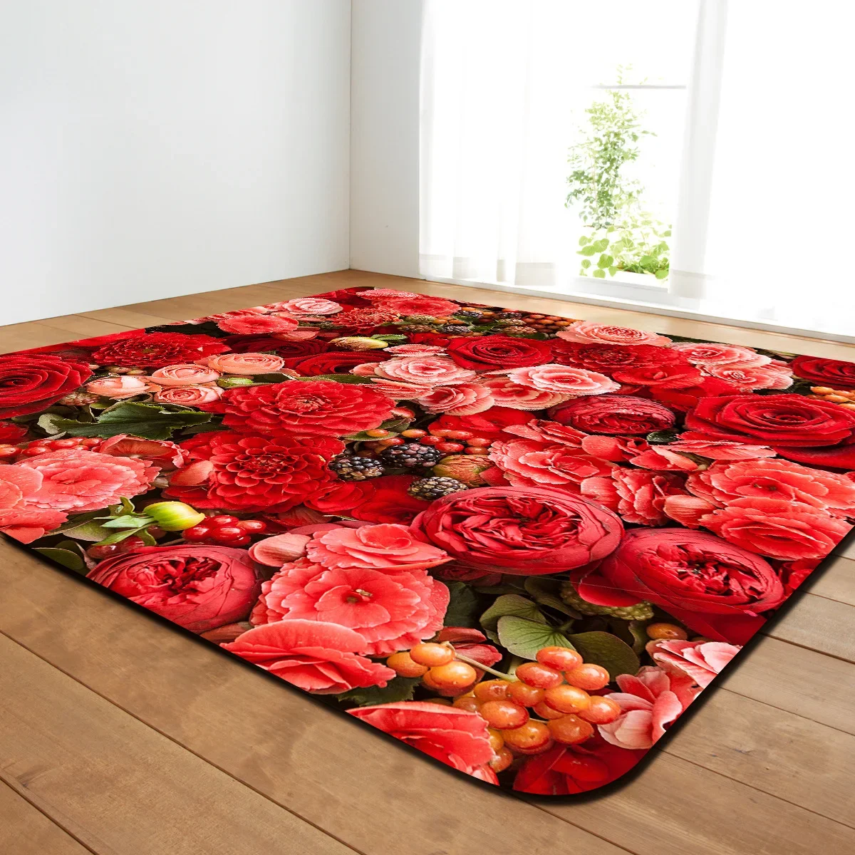 3D Print Large Carpet Red Rose Floral Mat Soft Flannel Kids Play Area Anti-Slip Rugs for Living Room Home Decor Parlor Floor Mat
