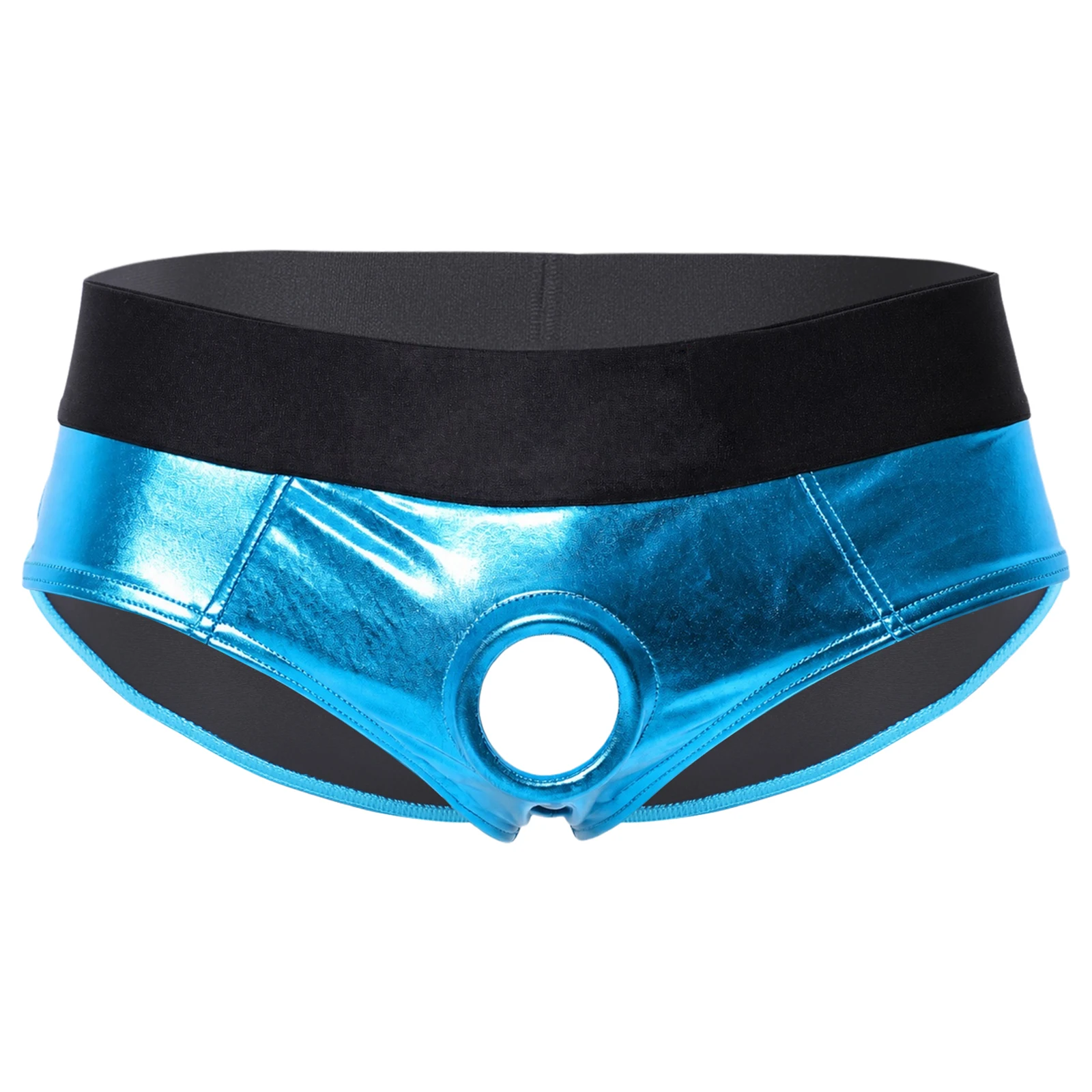 Men Cutout Silicone Ring Delaying Briefs with Built-in Low Rise Pouch Metallic Shiny Underwear Fancy Lingerie for Couple Games