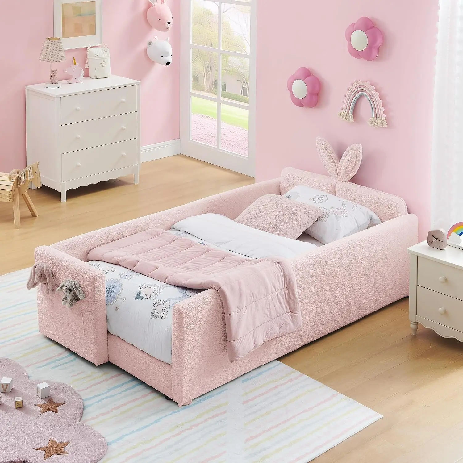 Upholstered Twin Size Platform Bed Frame Rabbit Ear Headboard Boucle Fabric Kids Daybed Safety Rail Pocket Pink No Box Spring Ne