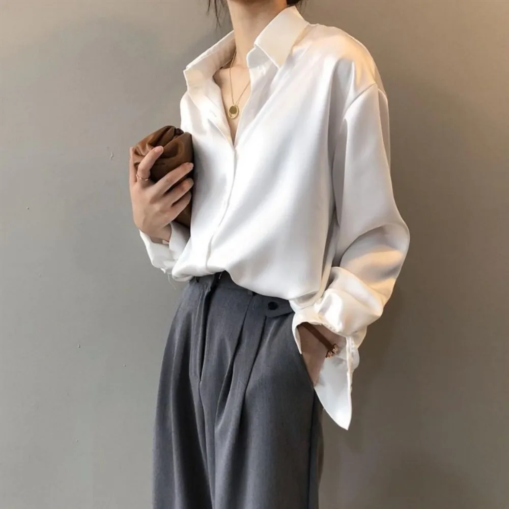 2024 Women Satin Silk Shirt Summe Evening Dress Fashion Button Vintage Blouse White Lady Official Dress Long Sleeves Loose Top