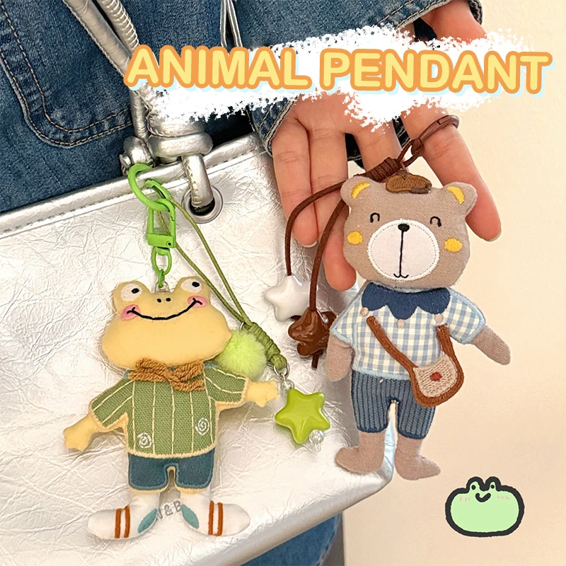 Llavero y colgante de bolso de tela de muñeca de dibujos animados de pareja encantadora; Diseño lindo de oso y rana