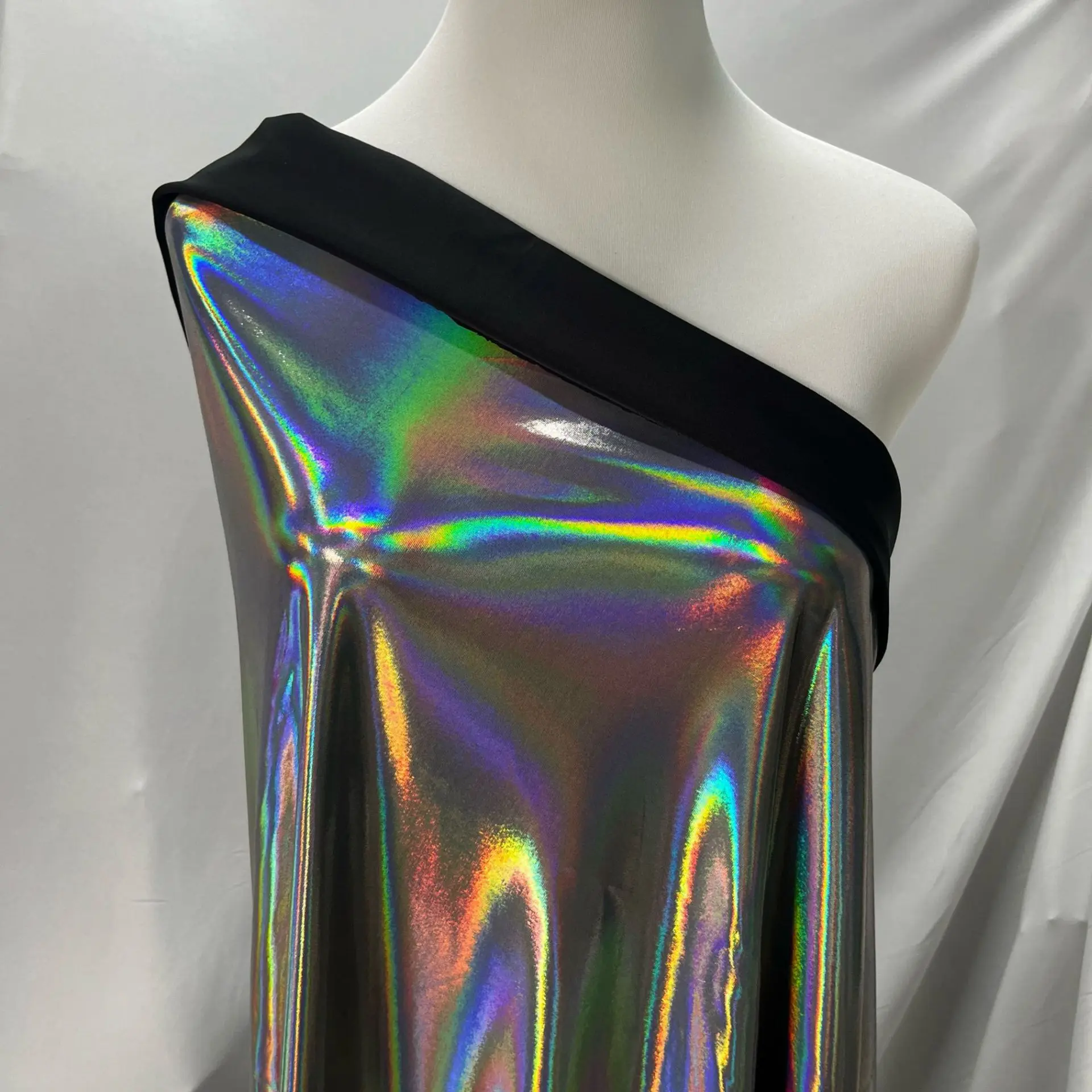 Iridescent Mist‑Gold Liquid Holographic Fabric Shiny Rainbow Cloth for Formal Gown Swimsuit Graduation Project Background Decor view 2