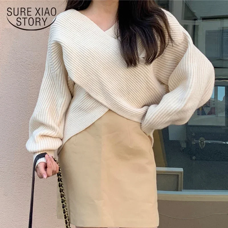 

2023 V-neck Loose Sweater Woman Autumn Winter Pure Elegant Women's Sweater Long sleeve Warm Sweater Top Temperament Simple 16483