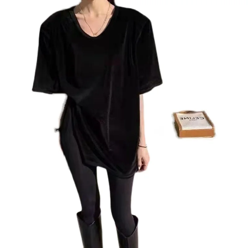 Spring Autumn V-Ne Padded oulder Open Split Loose Velvet ort Sve T-irt Women's Top Comfortable Breathable Casual Wear